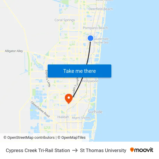 Cypress Creek Tri-Rail Station to St Thomas University map