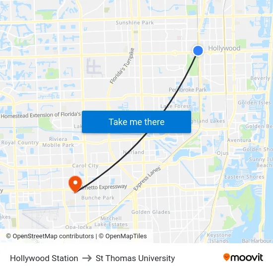 Hollywood Station to St Thomas University map