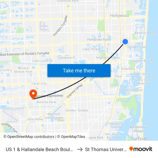 US 1 & Hallandale Beach Boulevard to St Thomas University map