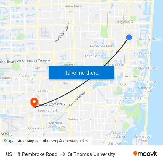 US 1 & Pembroke Road to St Thomas University map