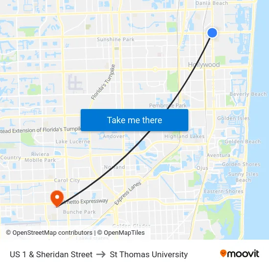 US 1 & Sheridan Street to St Thomas University map