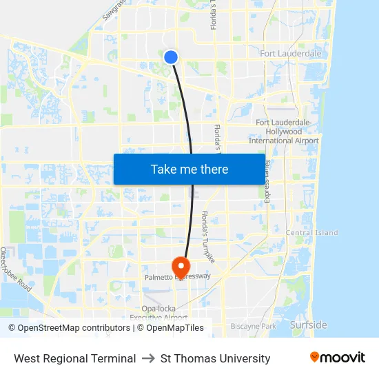 West Regional Terminal to St Thomas University map