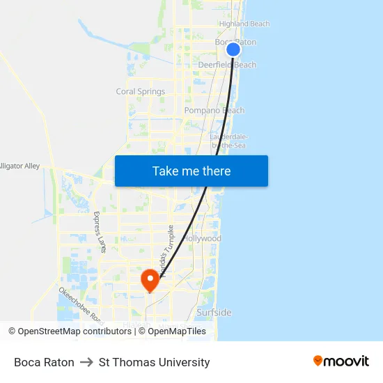 Boca Raton to St Thomas University map