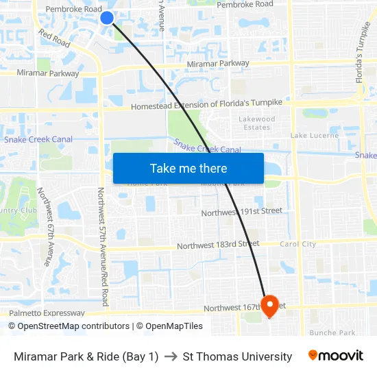 Miramar Park & Ride (Bay 1) to St Thomas University map