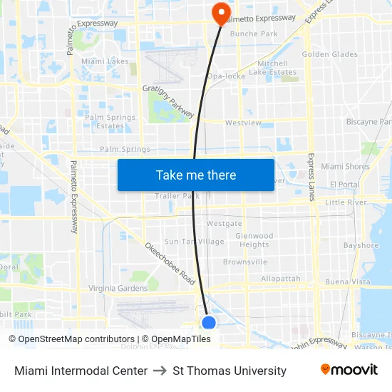 Miami Intermodal Center to St Thomas University map