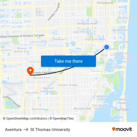Aventura to St Thomas University map