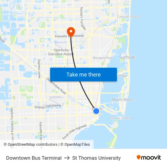 Downtown Bus Terminal to St Thomas University map