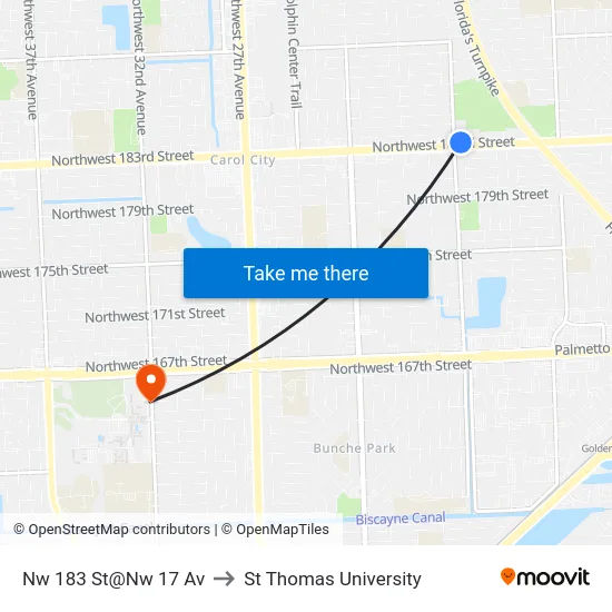Nw 183 St@Nw 17 Av to St Thomas University map