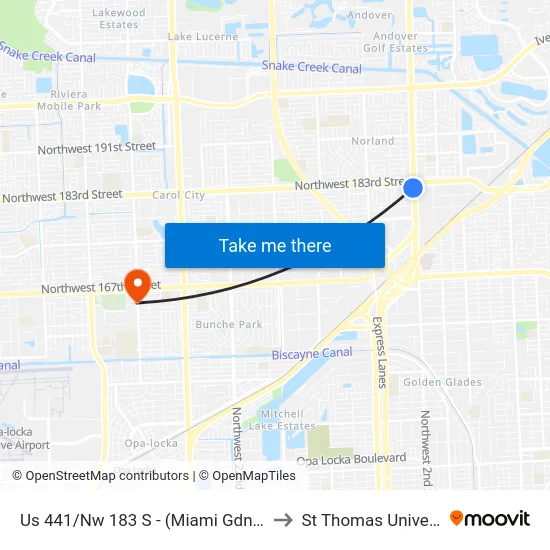 Us 441/Nw 183 S - (Miami Gdn D) (S) to St Thomas University map