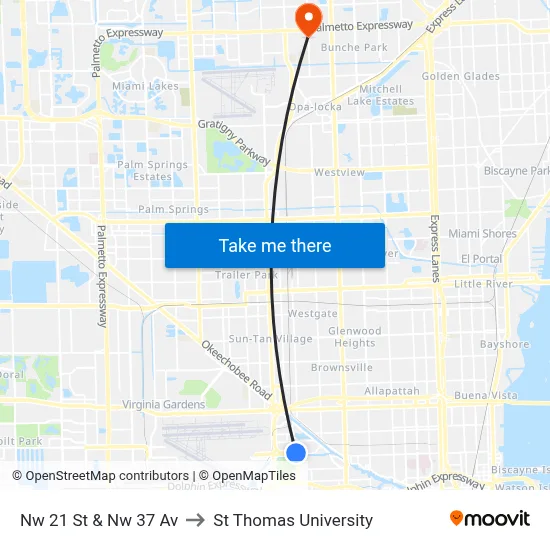 Nw 21 St & Nw 37 Av to St Thomas University map