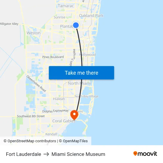 Fort Lauderdale to Miami Science Museum map