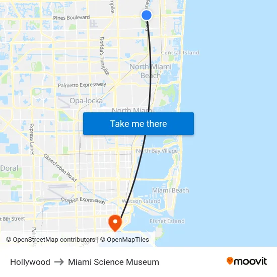 Hollywood to Miami Science Museum map