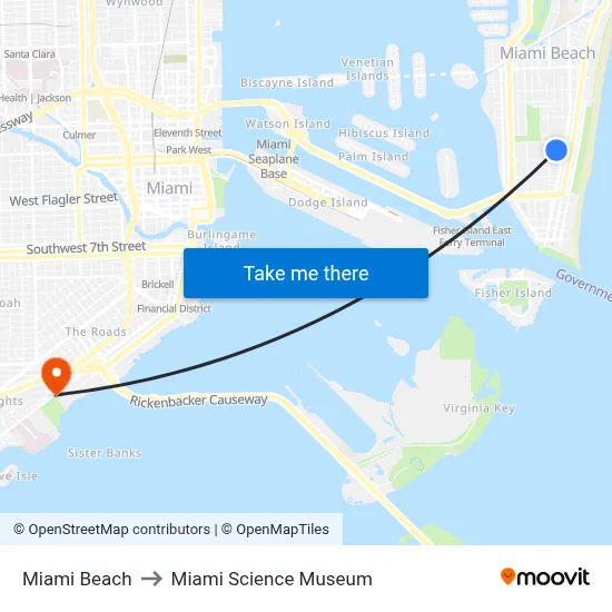 Miami Beach to Miami Science Museum map