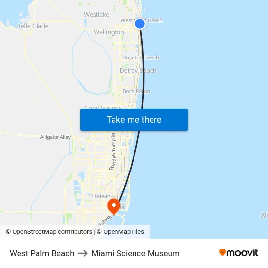 West Palm Beach to Miami Science Museum map