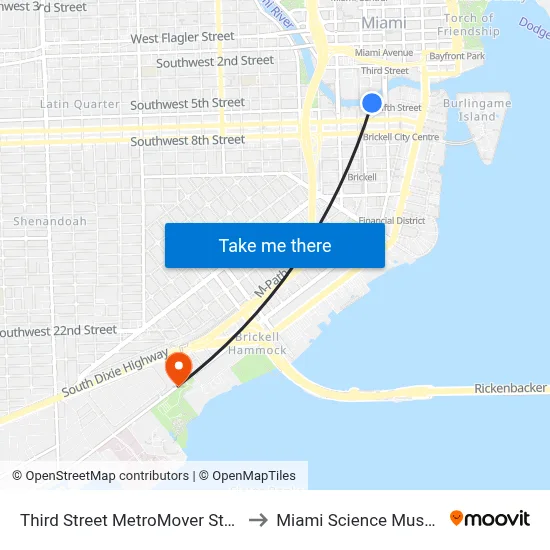 Third Street MetroMover Station to Miami Science Museum map