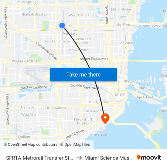 SFRTA-Metrorail Transfer Station to Miami Science Museum map