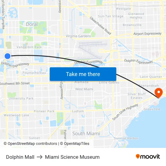 Dolphin Mall to Miami Science Museum map
