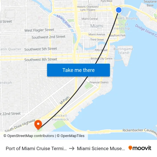Port of Miami Cruise Terminal to Miami Science Museum map