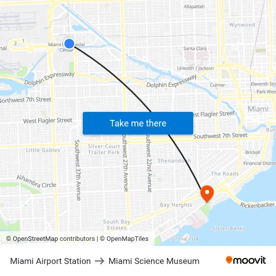 Miami Airport Station to Miami Science Museum map