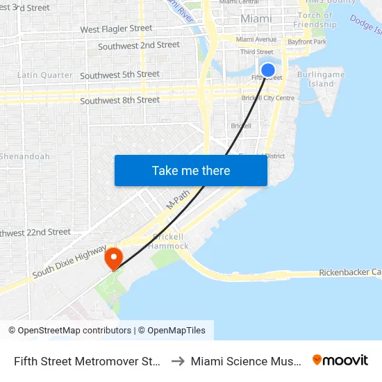 Fifth Street Metromover Station to Miami Science Museum map