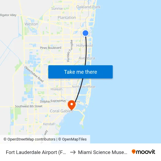 Fort Lauderdale Airport (FLL) to Miami Science Museum map