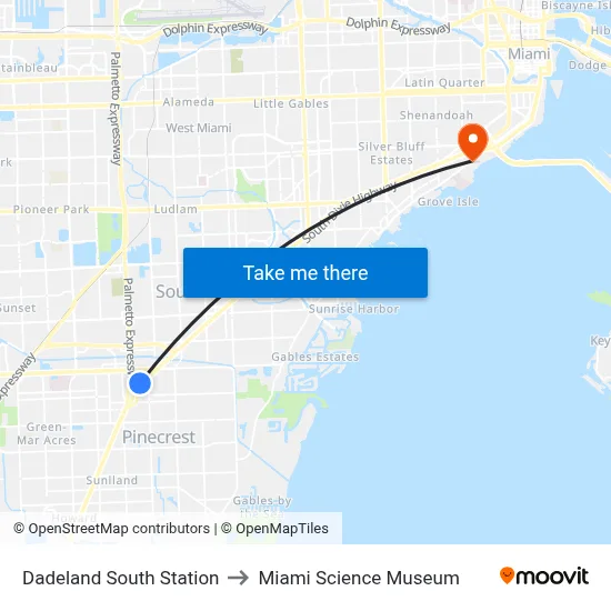 Dadeland South Station to Miami Science Museum map