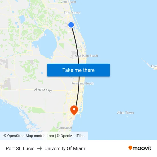 Port St. Lucie to University Of Miami map