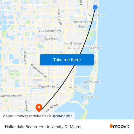 Hallandale Beach to University Of Miami map