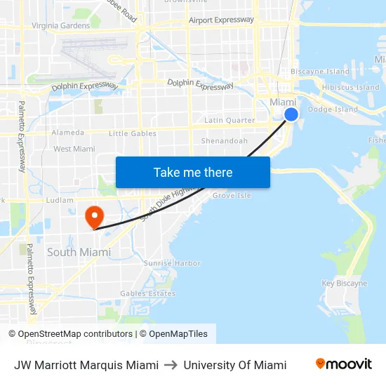 JW Marriott Marquis Miami to University Of Miami map