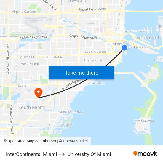 InterContinental Miami to University Of Miami map