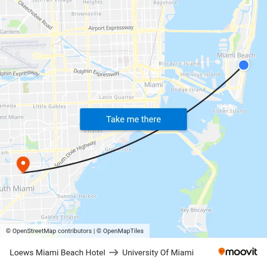 Loews Miami Beach Hotel to University Of Miami map