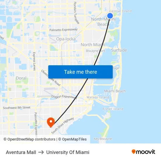 Aventura Mall to University Of Miami map