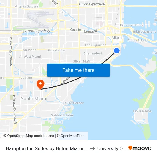 Hampton Inn Suites by Hilton Miami Downtown Brickell to University Of Miami map