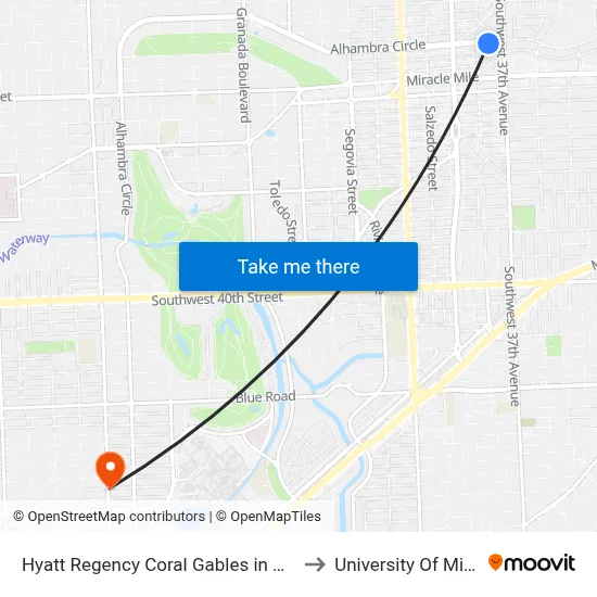 Hyatt Regency Coral Gables in Miami to University Of Miami map