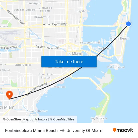 Fontainebleau Miami Beach to University Of Miami map
