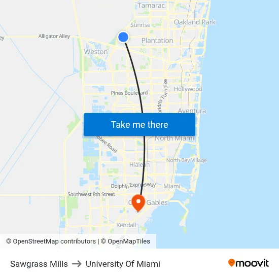 Sawgrass Mills to University Of Miami map