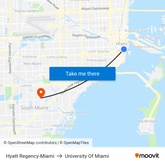 Hyatt Regency-Miami to University Of Miami map