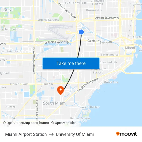 Miami Airport Station to University Of Miami map