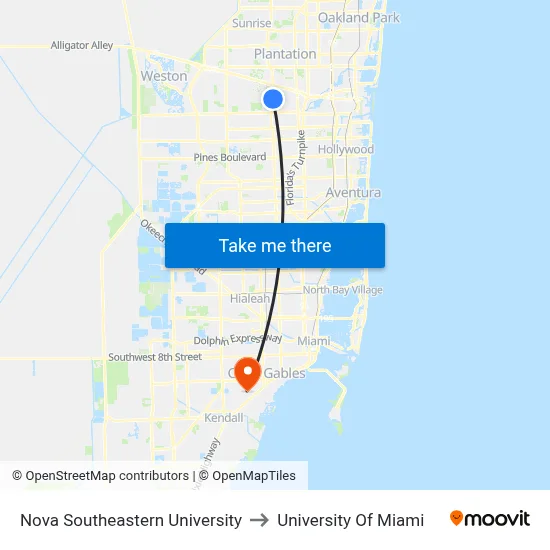 Nova Southeastern University to University Of Miami map