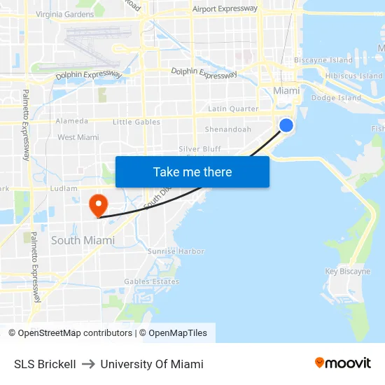 SLS Brickell to University Of Miami map