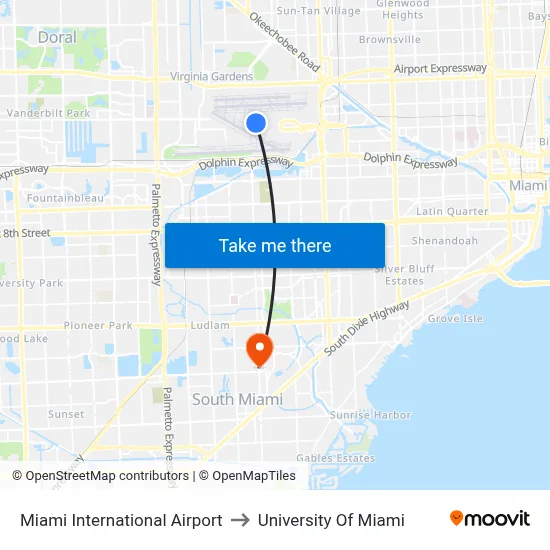 Miami International Airport to University Of Miami map