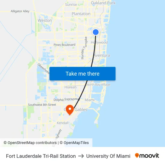 Fort Lauderdale Tri-Rail Station to University Of Miami map