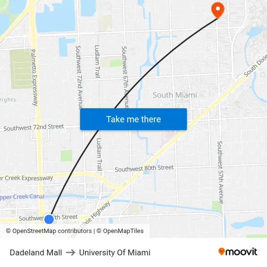 Dadeland Mall to University Of Miami map