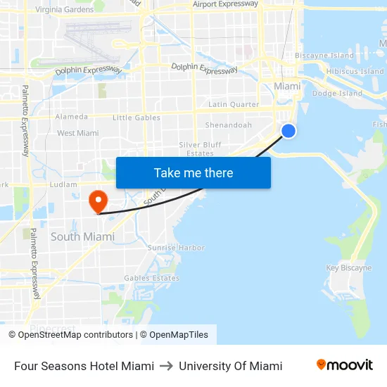 Four Seasons Hotel Miami to University Of Miami map