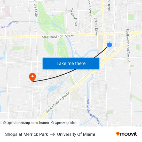 Shops at Merrick Park to University Of Miami map