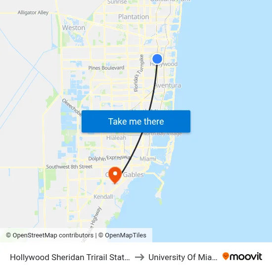Hollywood Sheridan Trirail Station to University Of Miami map
