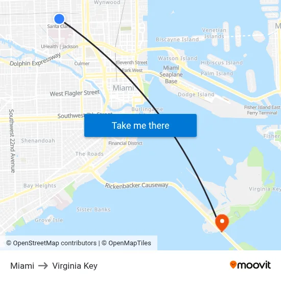 Miami to Virginia Key map