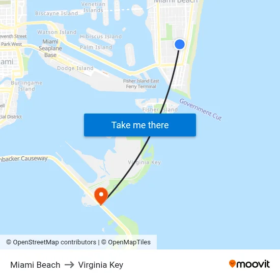 Miami Beach to Virginia Key map