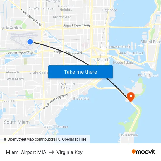 Miami Airport MIA to Virginia Key map