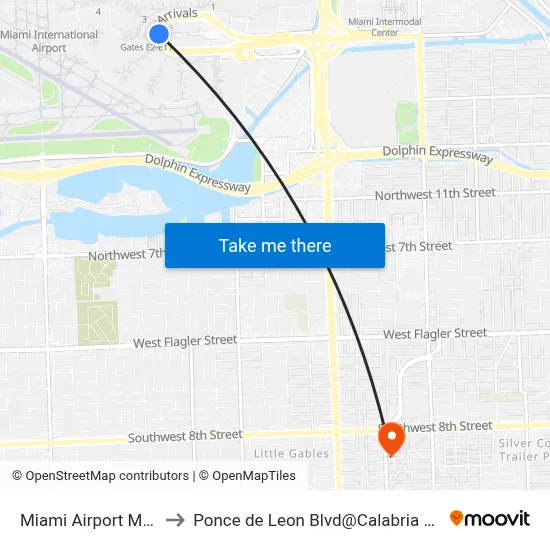 Miami Airport MIA to Ponce de Leon Blvd@Calabria Av map